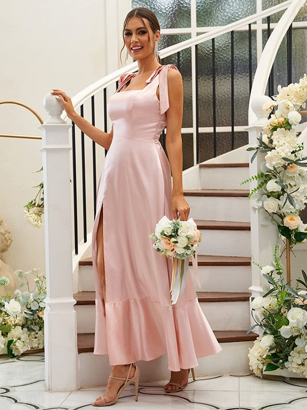 A-Line/Princess Silk like Satin Ruffles Straps Sleeveless Ankle-Length Bridesmaid Dresses