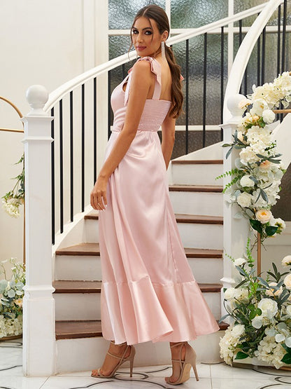 A-Line/Princess Silk like Satin Ruffles Straps Sleeveless Ankle-Length Bridesmaid Dresses