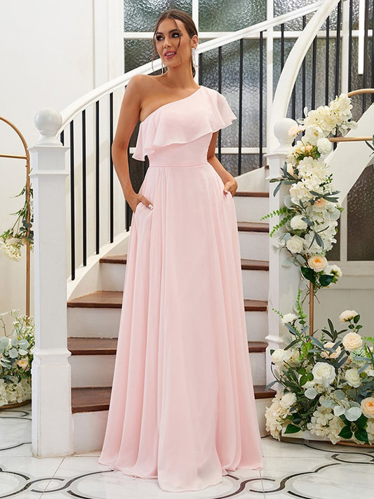 A-Line/Princess Chiffon Ruffles One-Shoulder Sleeveless Floor-Length Bridesmaid Dresses