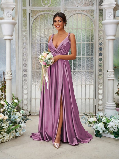 A-Line/Princess Silk like Satin Ruffles V-neck Sleeveless Sweep/Brush Train Bridesmaid Dresses