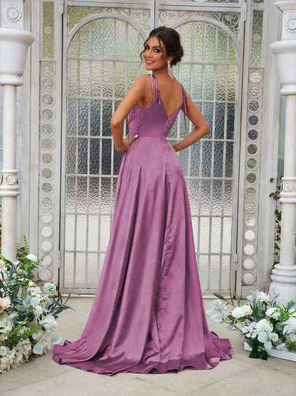 A-Line/Princess Silk like Satin Ruffles V-neck Sleeveless Sweep/Brush Train Bridesmaid Dresses