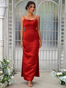 Sheath/Column Satin Ruched Spaghetti Straps Sleeveless Ankle-Length Bridesmaid Dresses