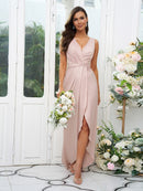 A-Line/Princess Charmeuse Ruched V-neck Sleeveless Sweep/Brush Train Bridesmaid Dresses