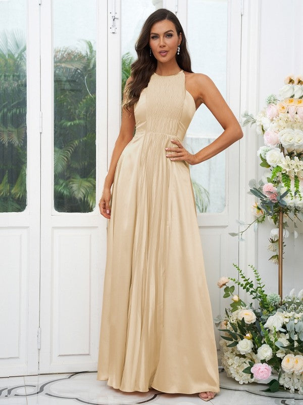 A-Line/Princess Silk like Satin Ruffles Halter Sleeveless Floor-Length Bridesmaid Dresses