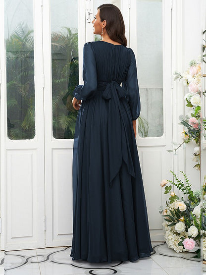 A-Line/Princess 30D Chiffon Ruffles Scoop Long Sleeves Floor-Length Bridesmaid Dresses