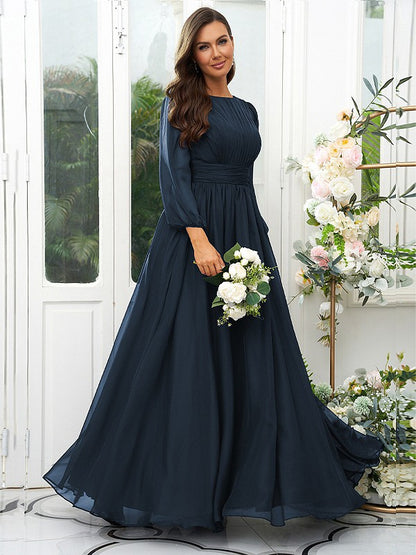 A-Line/Princess 30D Chiffon Ruffles Scoop Long Sleeves Floor-Length Bridesmaid Dresses