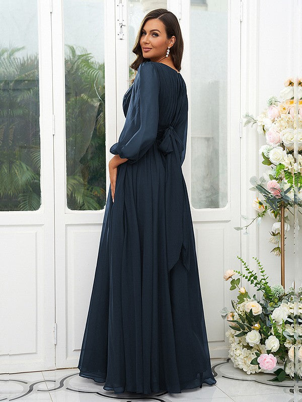 A-Line/Princess 30D Chiffon Ruffles Scoop Long Sleeves Floor-Length Bridesmaid Dresses