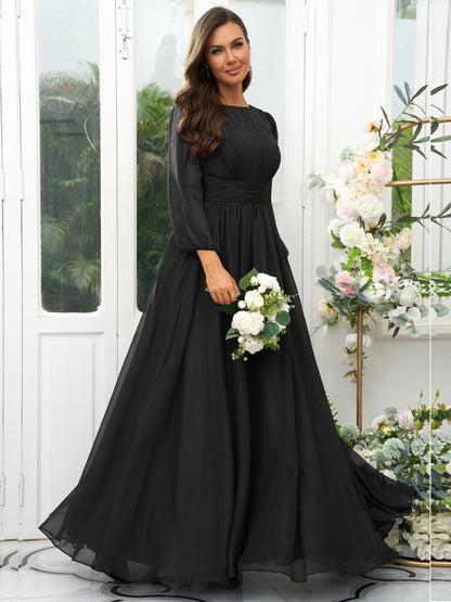 A-Line/Princess 30D Chiffon Ruffles Scoop Long Sleeves Floor-Length Bridesmaid Dresses