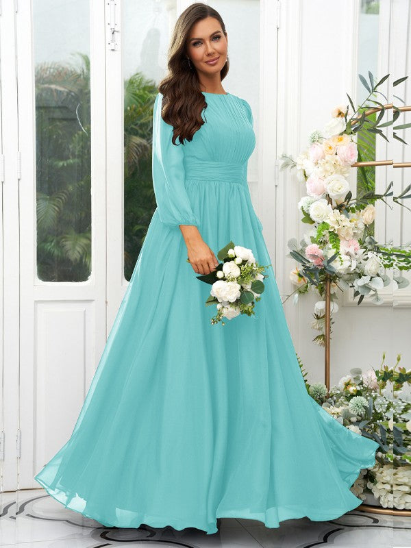 A-Line/Princess 30D Chiffon Ruffles Scoop Long Sleeves Floor-Length Bridesmaid Dresses