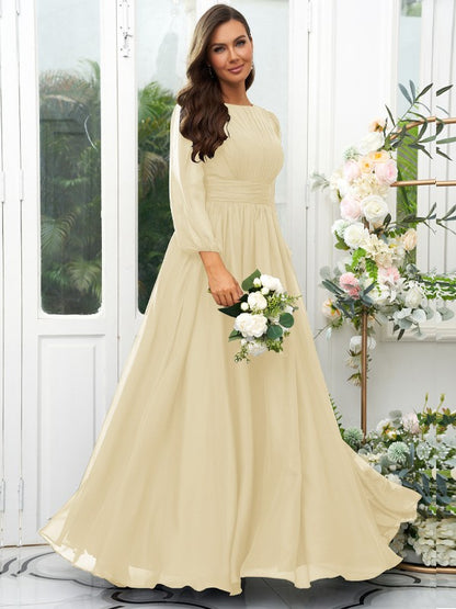 A-Line/Princess 30D Chiffon Ruffles Scoop Long Sleeves Floor-Length Bridesmaid Dresses