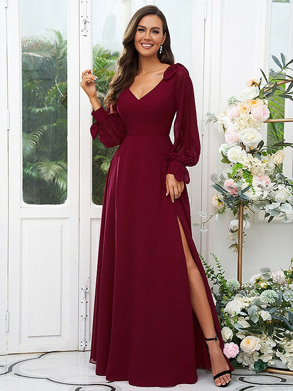 A-Line/Princess Chiffon Bow knot V-neck Long Sleeves Floor-Length Bridesmaid Dresses