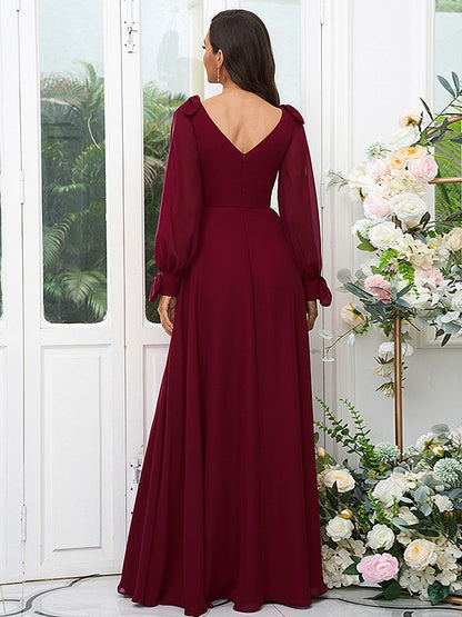 A-Line/Princess Chiffon Bow knot V-neck Long Sleeves Floor-Length Bridesmaid Dresses