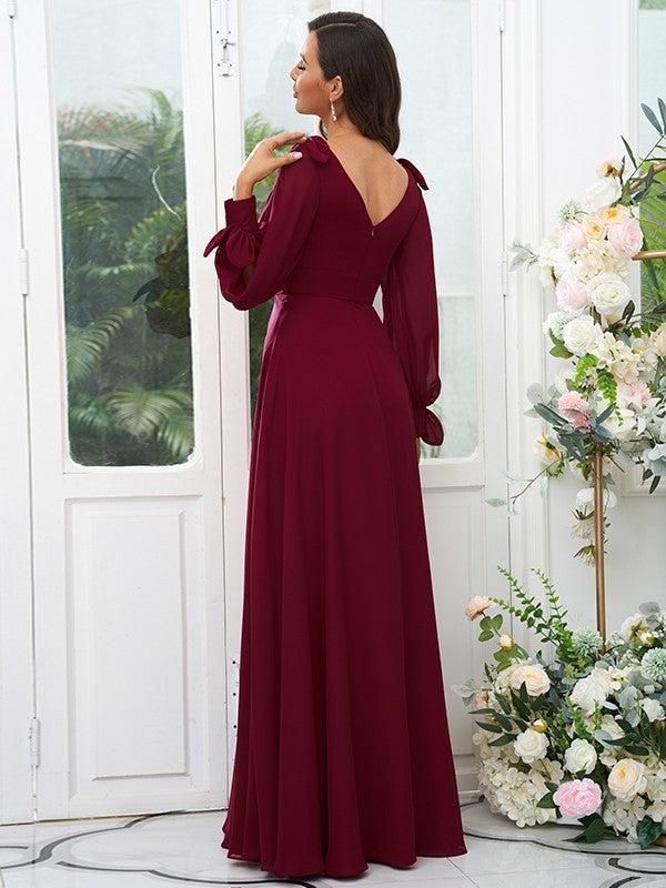 A-Line/Princess Chiffon Bow knot V-neck Long Sleeves Floor-Length Bridesmaid Dresses