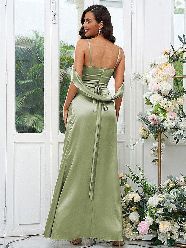 A-Line/Princess Silk like Satin Ruched V-neck Sleeveless Floor-Length Bridesmaid Dresses