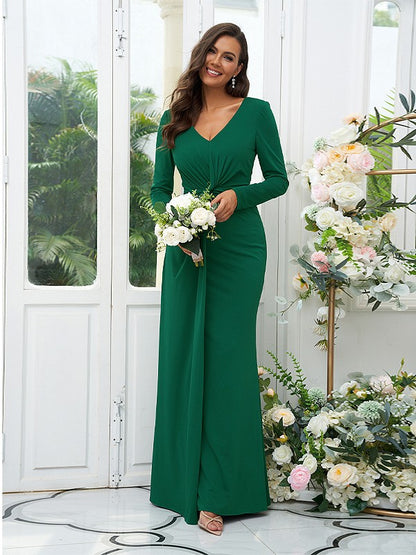 Sheath/Column Jersey Ruched V-neck Long Sleeves Floor-Length Bridesmaid Dresses