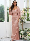 Sheath/Column Silk like Satin Ruched Off-the-Shoulder Long Sleeves Floor-Length Bridesmaid Dresses