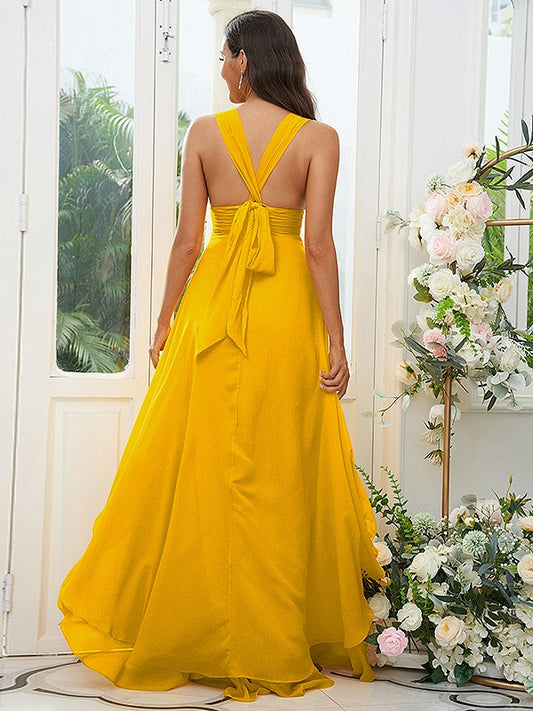 A-Line/Princess Chiffon Ruffles V-neck Sleeveless Floor-Length Bridesmaid Dresses