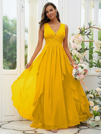 A-Line/Princess Chiffon Ruffles V-neck Sleeveless Floor-Length Bridesmaid Dresses