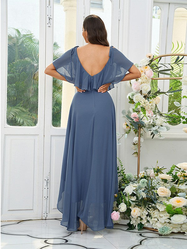 A-Line/Princess Chiffon Ruffles V-neck Short Sleeves Asymmetrical Bridesmaid Dresses