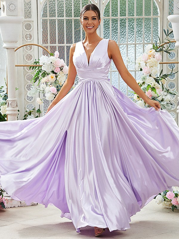 A-Line/Princess Silk like Satin Ruffles V-neck Sleeveless Floor-Length Bridesmaid Dresses