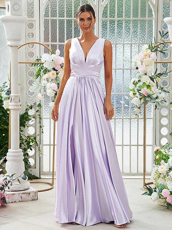 A-Line/Princess Silk like Satin Ruffles V-neck Sleeveless Floor-Length Bridesmaid Dresses