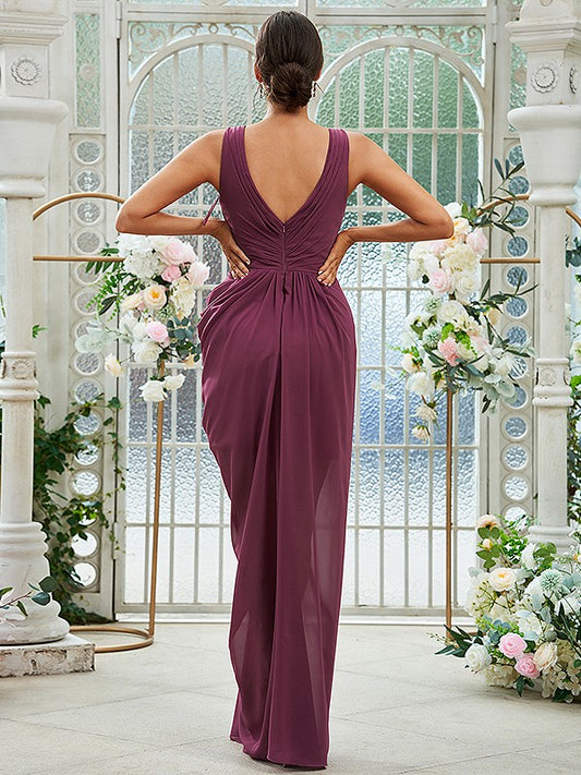 Sheath/Column Chiffon Ruched Scoop Sleeveless Floor-Length Bridesmaid Dresses