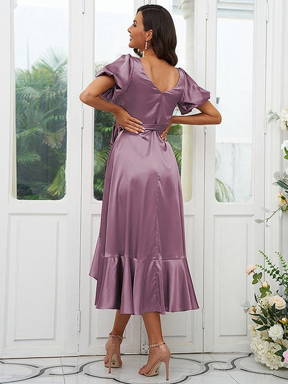 A-Line/Princess Silk like Satin Ruffles V-neck Short Sleeves Asymmetrical Bridesmaid Dresses