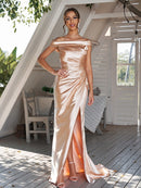 Sheath/Column  Woven Satin Ruched Off-The-Shoulder Sleeveless Sweep/Brush Train Bridesmaid Dresses