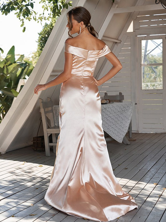 Sheath/Column  Woven Satin Ruched Off-The-Shoulder Sleeveless Sweep/Brush Train Bridesmaid Dresses