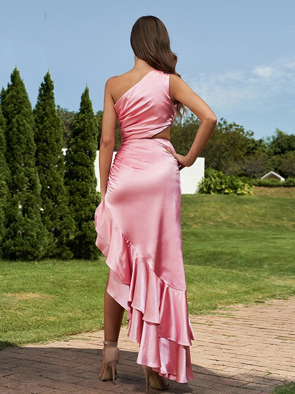 Sheath/Column Silk like Satin Ruffles One-Shoulder Sleeveless Floor-Length Bridesmaid Dresses