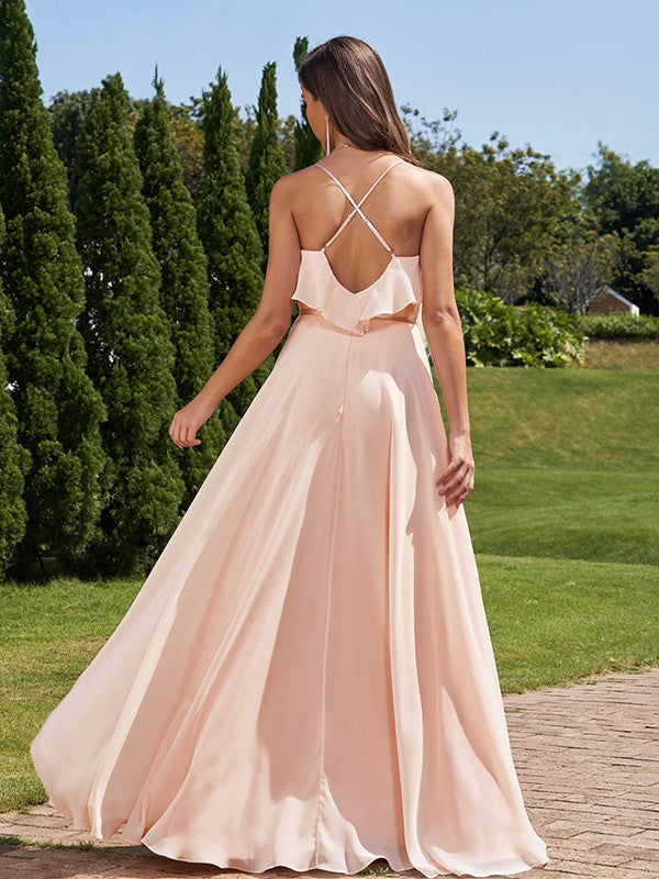 A-Line/Princess Chiffon Sash/Ribbon/Belt V-Neck Sleeveless Floor-Length Bridesmaid Dresses