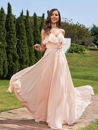 A-Line/Princess Chiffon Sash/Ribbon/Belt V-Neck Sleeveless Floor-Length Bridesmaid Dresses