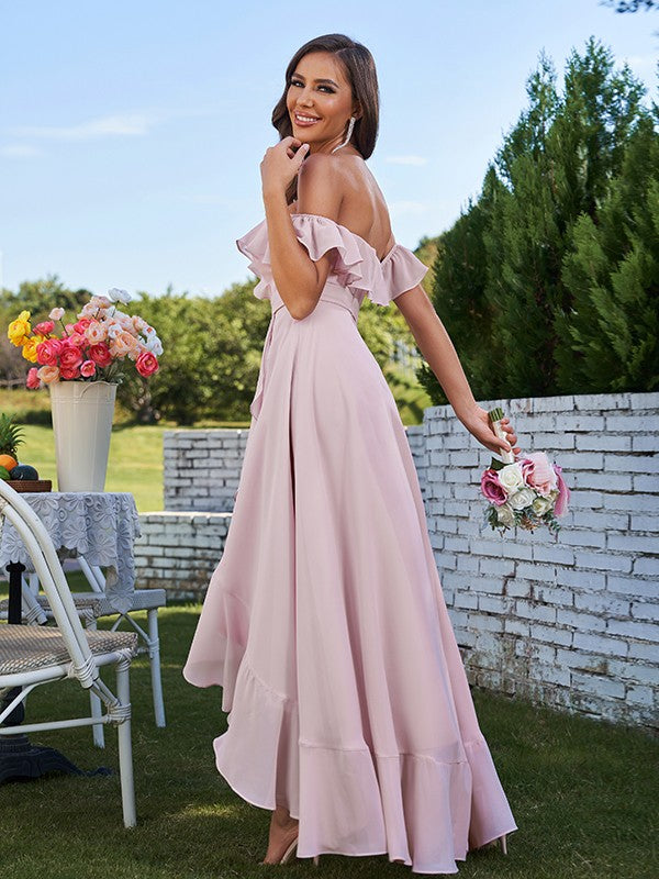 A-Line/Princess Chiffon Ruffles Off-The-Shoulder Sleeveless Asymmetrical Bridesmaid Dresses