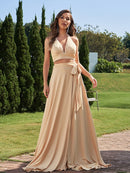 A-Line/Princess Jersey Bowknot Halter Sleeveless Sweep/Brush Train Two Piece Bridesmaid Dresses