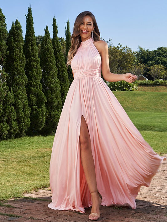 A-Line/Princess Jersey Ruched Halter Sleeveless Floor-Length Bridesmaid Dresses