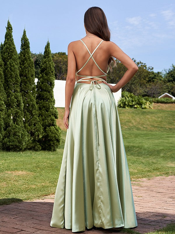 A-Line/Princess Silk Like Satin Ruffles Straps Sleeveless Floor-Length Bridesmaid Dresses