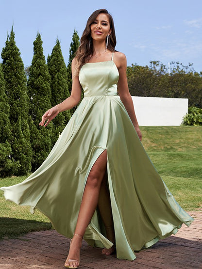 A-Line/Princess Silk Like Satin Ruffles Straps Sleeveless Floor-Length Bridesmaid Dresses