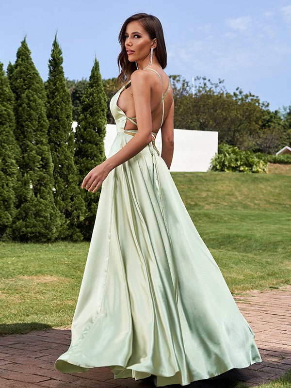 A-Line/Princess Silk Like Satin Ruffles Straps Sleeveless Floor-Length Bridesmaid Dresses