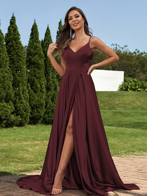 A-Line/Princess Silk like Satin Ruffles V-Neck Sleeveless Sweep/Brush Train Bridesmaid Dresses