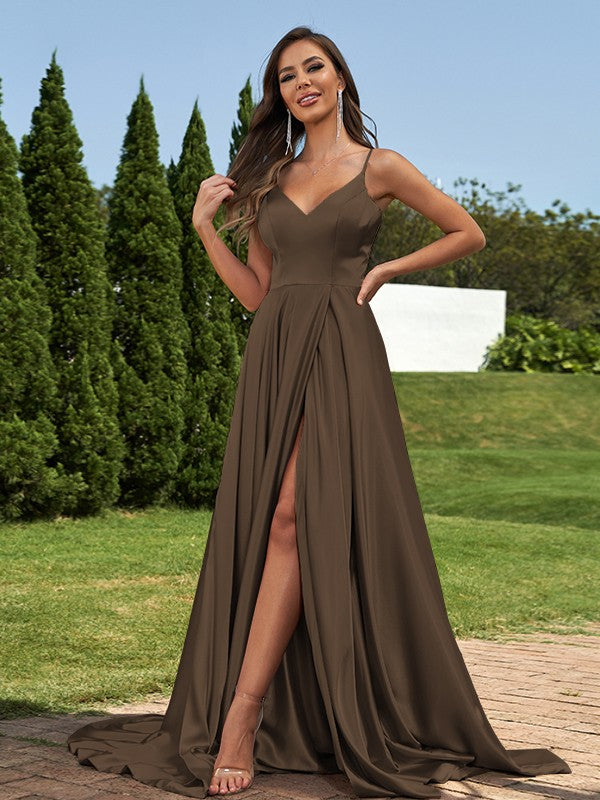 A-Line/Princess Silk like Satin Ruffles V-Neck Sleeveless Sweep/Brush Train Bridesmaid Dresses