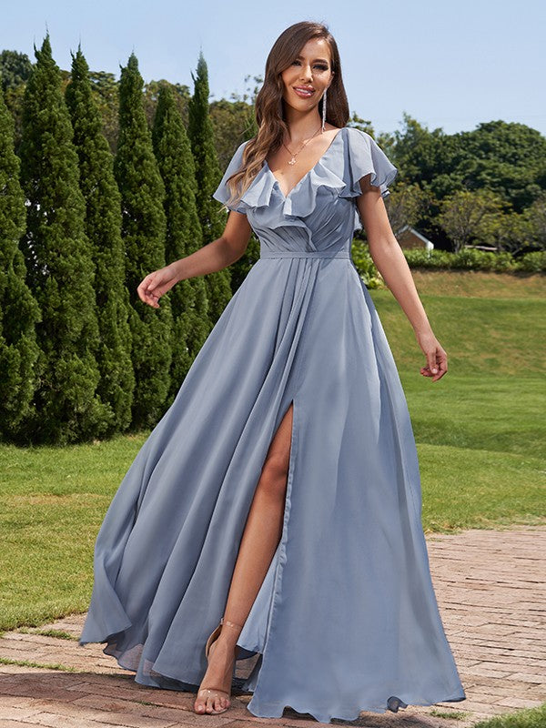 A-Line/Princess Chiffon Ruched V-Neck Short Sleeves Floor-Length Bridesmaid Dresses