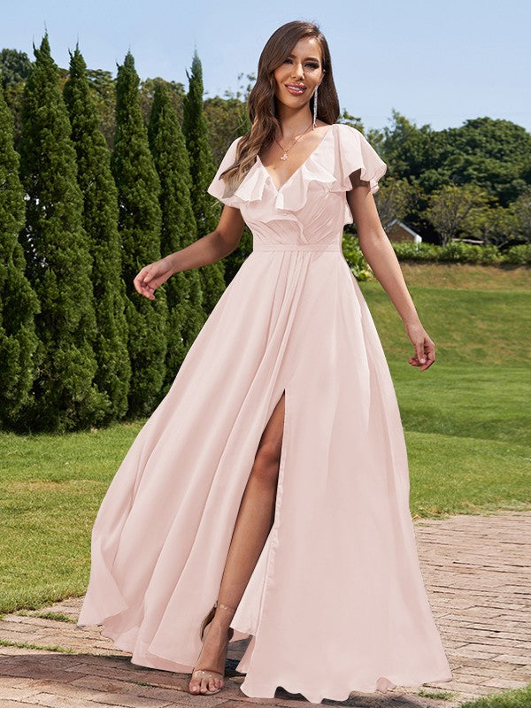 A-Line/Princess Chiffon Ruched V-Neck Short Sleeves Floor-Length Bridesmaid Dresses