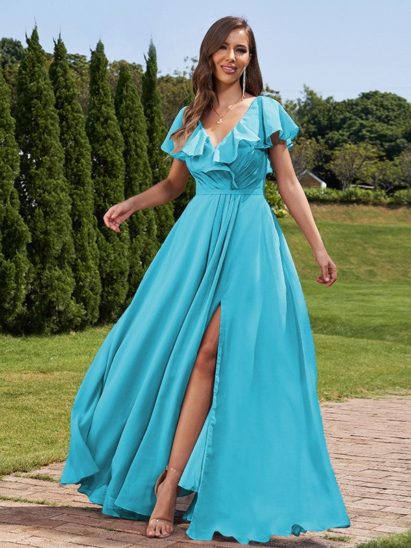 A-Line/Princess Chiffon Ruched V-Neck Short Sleeves Floor-Length Bridesmaid Dresses