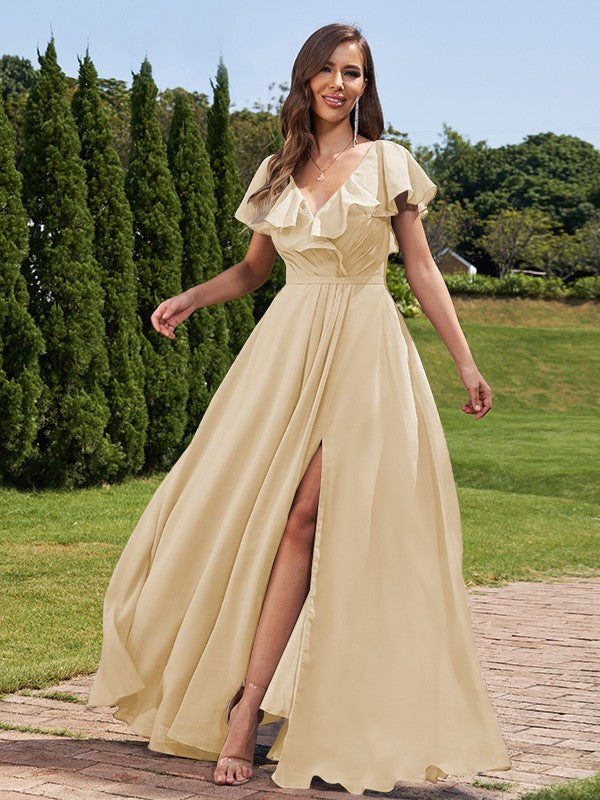 A-Line/Princess Chiffon Ruched V-Neck Short Sleeves Floor-Length Bridesmaid Dresses