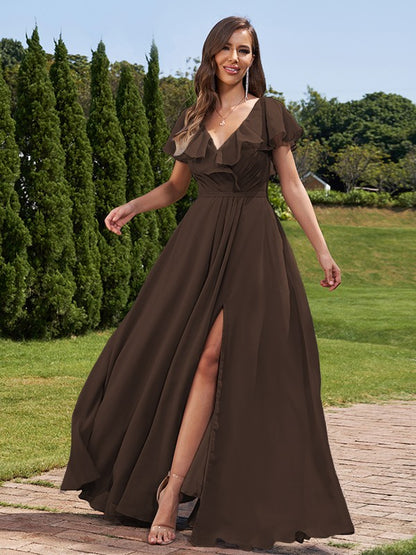 A-Line/Princess Chiffon Ruched V-Neck Short Sleeves Floor-Length Bridesmaid Dresses