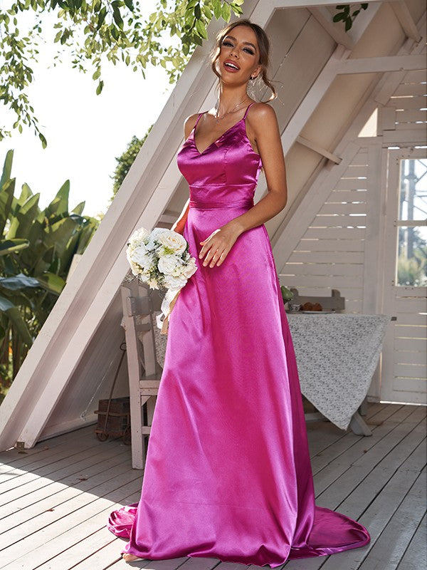 A-Line/Princess Silk like Satin Ruched V-neck Sleeveless Sweep/Brush Train Bridesmaid Dresses