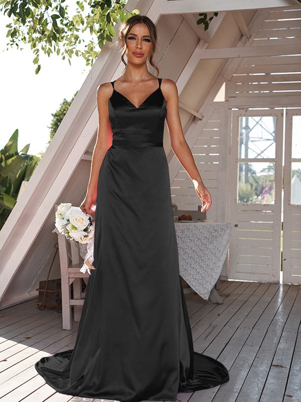 A-Line/Princess Silk like Satin Ruched V-neck Sleeveless Sweep/Brush Train Bridesmaid Dresses