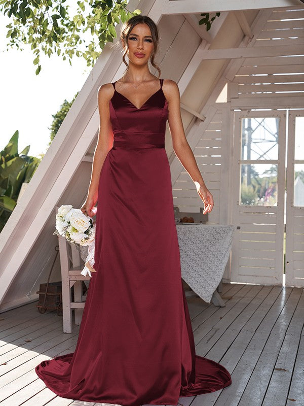 A-Line/Princess Silk like Satin Ruched V-neck Sleeveless Sweep/Brush Train Bridesmaid Dresses