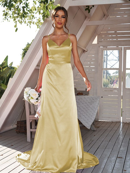 A-Line/Princess Silk like Satin Ruched V-neck Sleeveless Sweep/Brush Train Bridesmaid Dresses