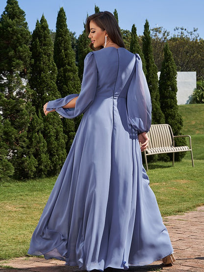 A-Line/Princess Chiffon Applique V-neck Long Sleeves Floor-Length Bridesmaid Dresses